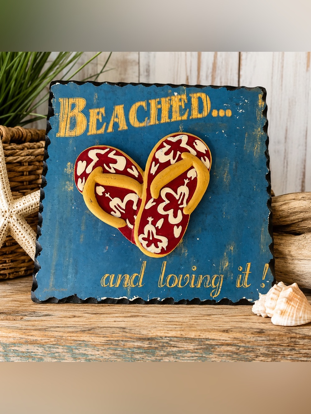 Beached and Loving It Flip Flop Beach Wall Plaque Coastal Nautical Decor
